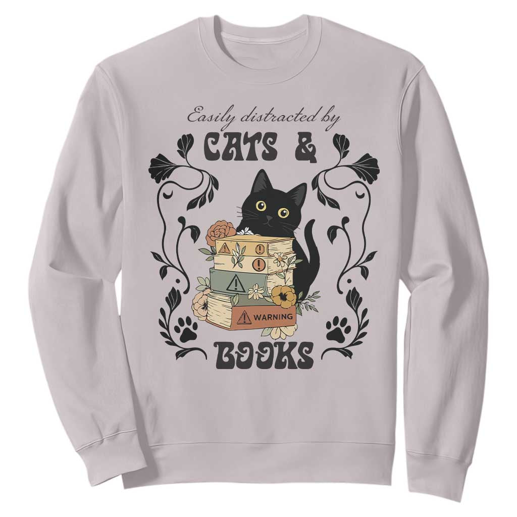 Easily Distracted By Cats And Books Sweatshirt Funny Book Kitty Lover TS12 Ice Gray Print Your Wear
