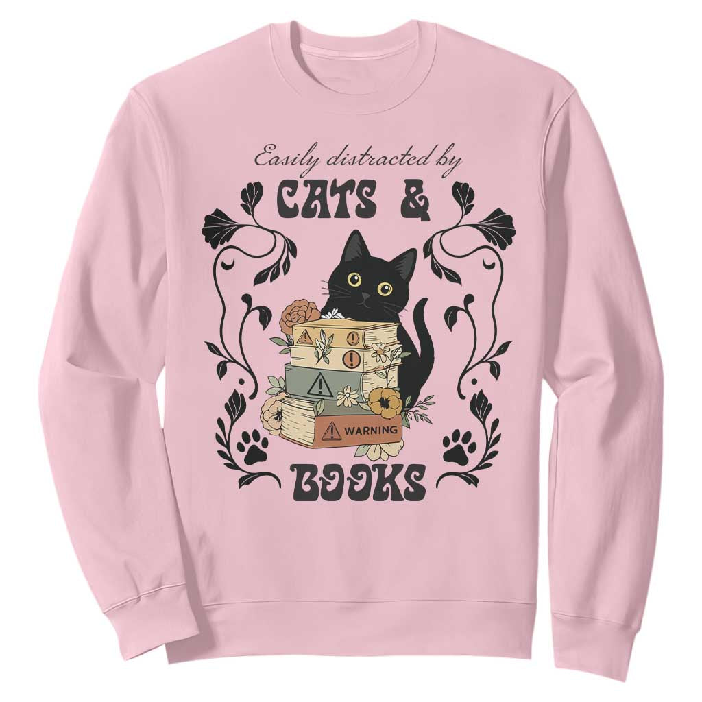 Easily Distracted By Cats And Books Sweatshirt Funny Book Kitty Lover TS12 Light Pink Print Your Wear