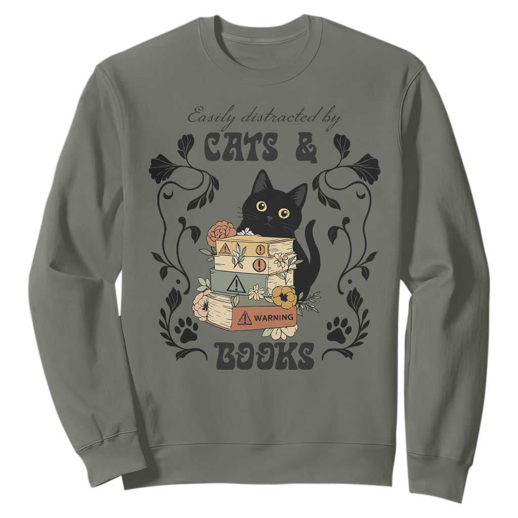 Easily Distracted By Cats And Books Sweatshirt Funny Book Kitty Lover TS12 Military Green Print Your Wear