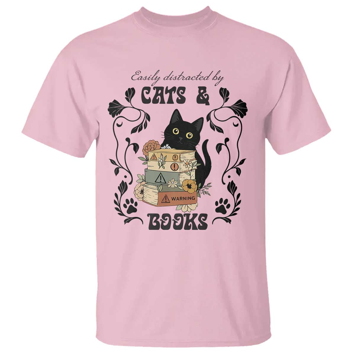 Easily Distracted By Cats And Books T Shirt Funny Book Kitty Lover TS12 Light Pink Print Your Wear