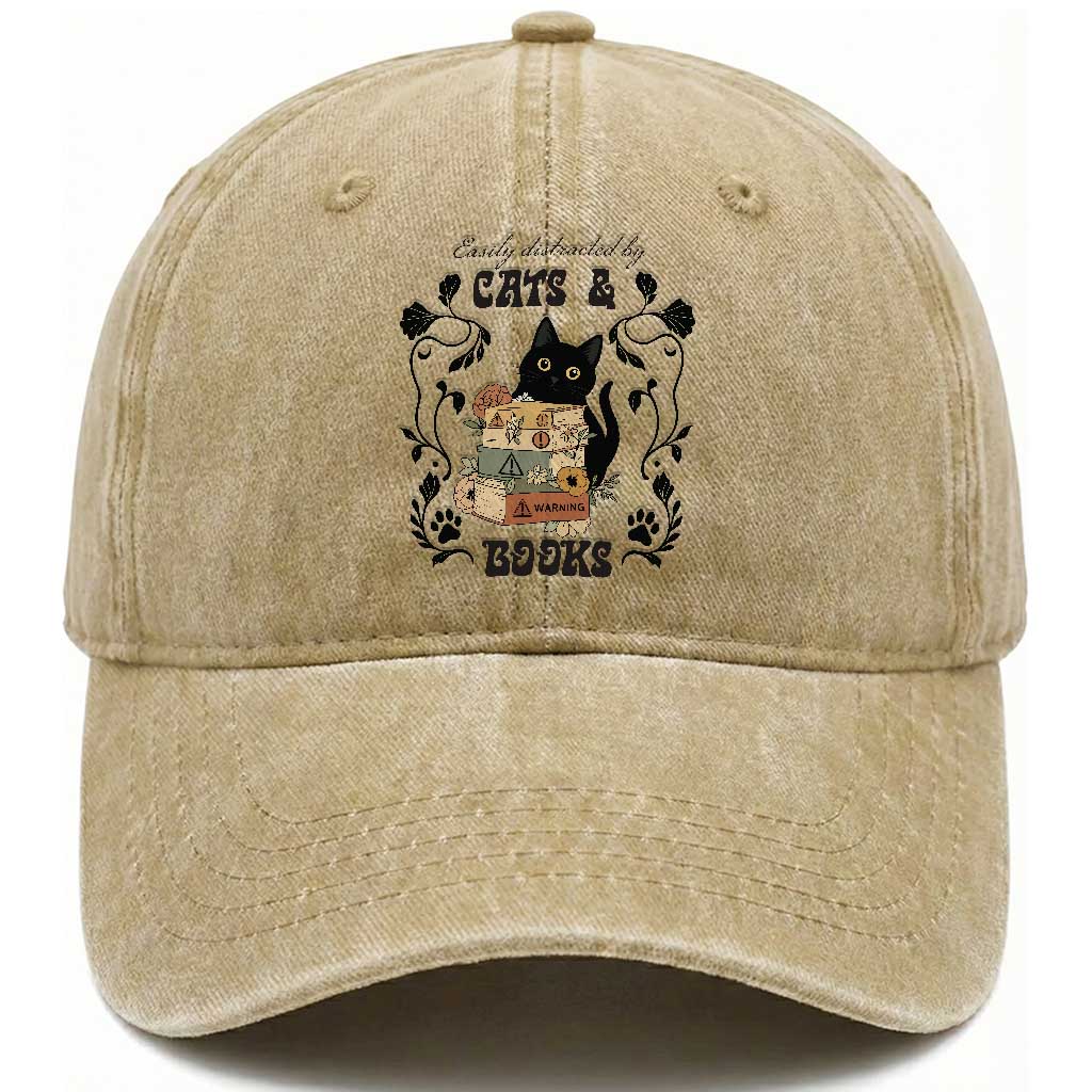 Easily Distracted By Cats And Books Washed Cotton Baseball Cap Funny Book Kitty Lover TS12 Print Your Wear