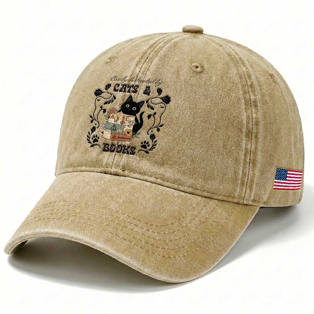 Easily Distracted By Cats And Books Washed Cotton Baseball Cap Funny Book Kitty Lover TS12 Print Your Wear