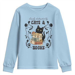 Easily Distracted By Cats And Books Youth Sweatshirt Funny Book Kitty Lover TS12 Light Blue Print Your Wear