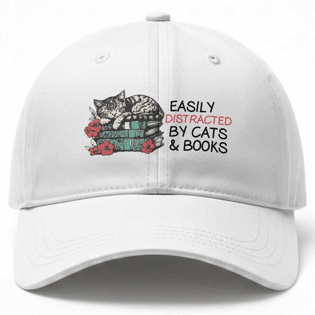 Easily Distracted By Cats And Books Baseball Cap Lazy Kitty Book Lover TS12 Print Your Wear