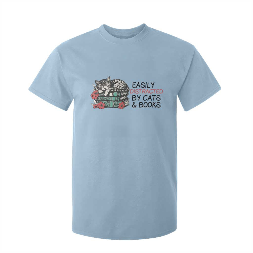 Easily Distracted By Cats And Books T Shirt For Kid Lazy Kitty Book Lover TS12 Light Blue Print Your Wear