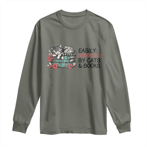 Easily Distracted By Cats And Books Long Sleeve Shirt Lazy Kitty Book Lover TS12 Military Green Print Your Wear