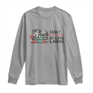 Easily Distracted By Cats And Books Long Sleeve Shirt Lazy Kitty Book Lover TS12 Sport Gray Print Your Wear