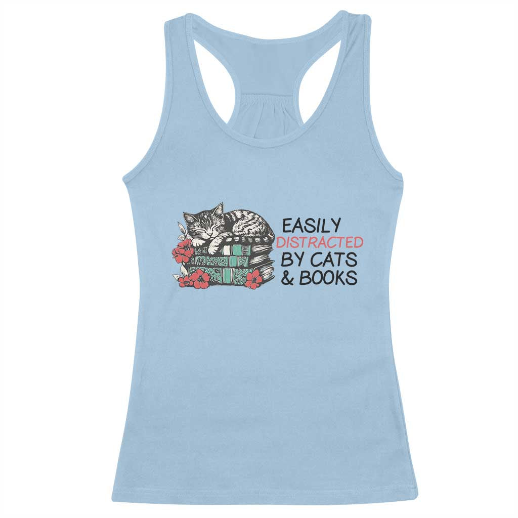Easily Distracted By Cats And Books Racerback Tank Top Lazy Kitty Book Lover TS12 Light Blue Print Your Wear