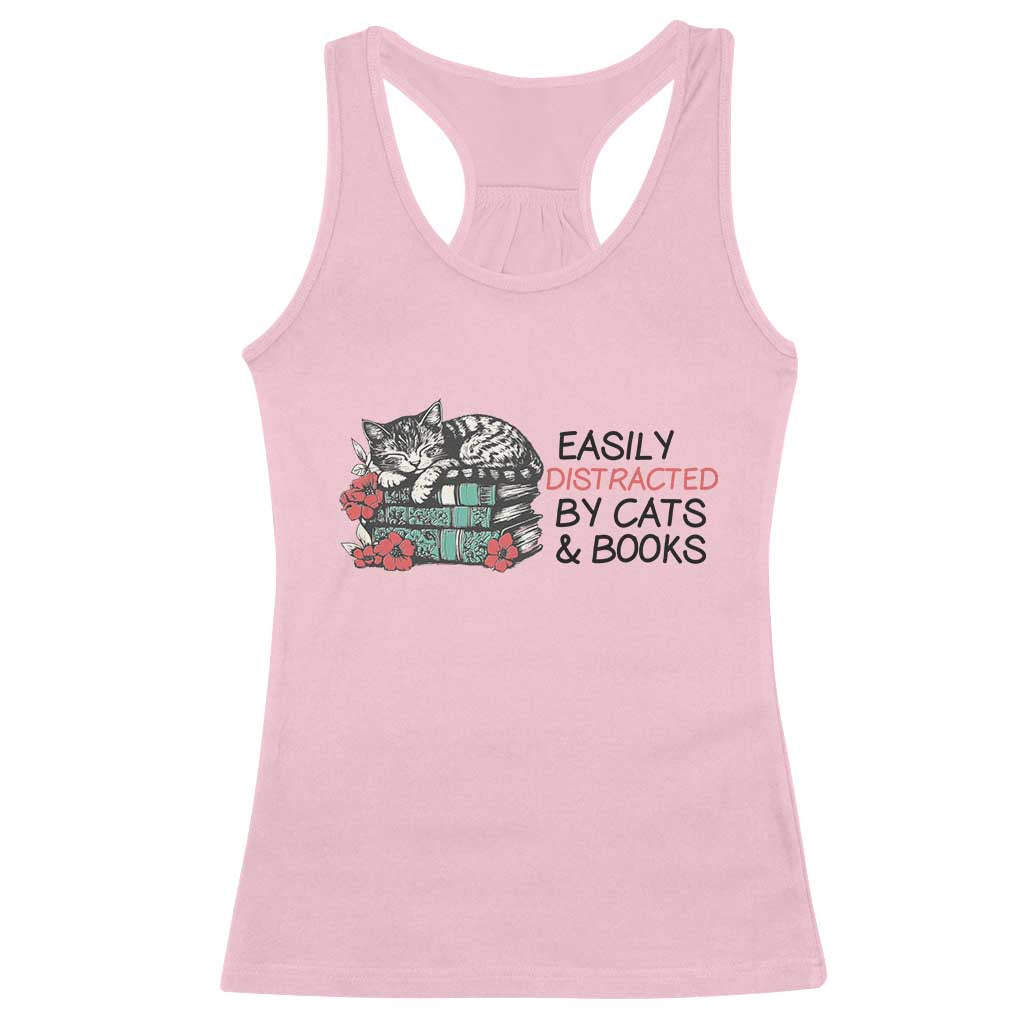 Easily Distracted By Cats And Books Racerback Tank Top Lazy Kitty Book Lover TS12 Light Pink Print Your Wear