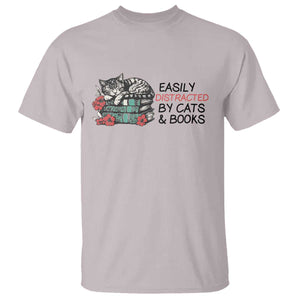 Easily Distracted By Cats And Books T Shirt Lazy Kitty Book Lover TS12 Ice Gray Print Your Wear