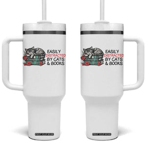 Easily Distracted By Cats And Books Tumbler With Handle Lazy Kitty Book Lover TS12 One Size: 40 oz White Print Your Wear