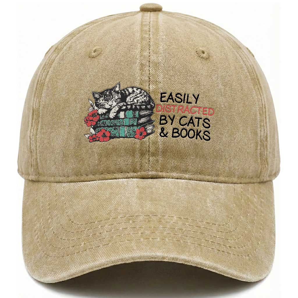 Easily Distracted By Cats And Books Washed Cotton Baseball Cap Lazy Kitty Book Lover TS12 Print Your Wear