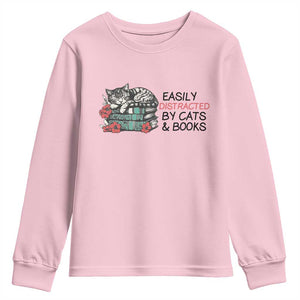 Easily Distracted By Cats And Books Youth Sweatshirt Lazy Kitty Book Lover TS12 Light Pink Print Your Wear