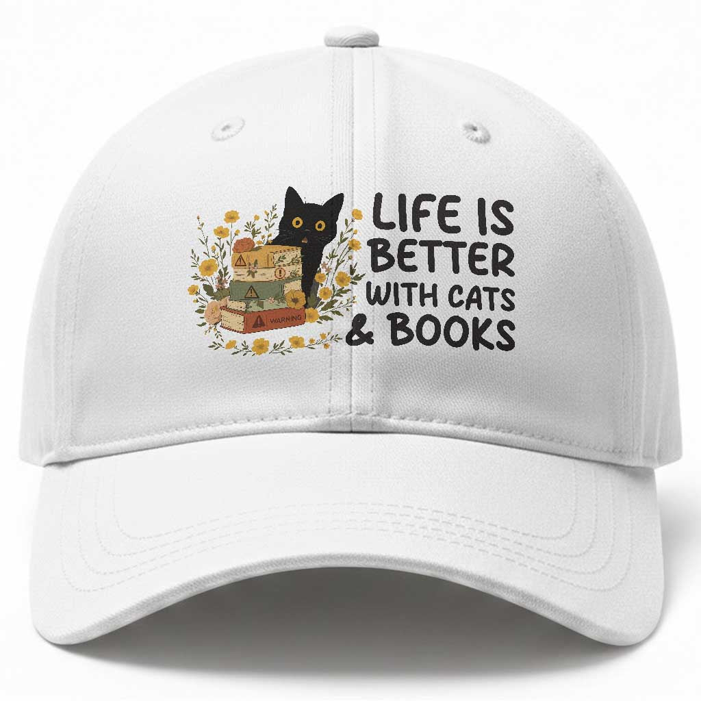 Life Is Better With Cats And Books Baseball Cap Funny Black Cat Book Lover TS12 Print Your Wear
