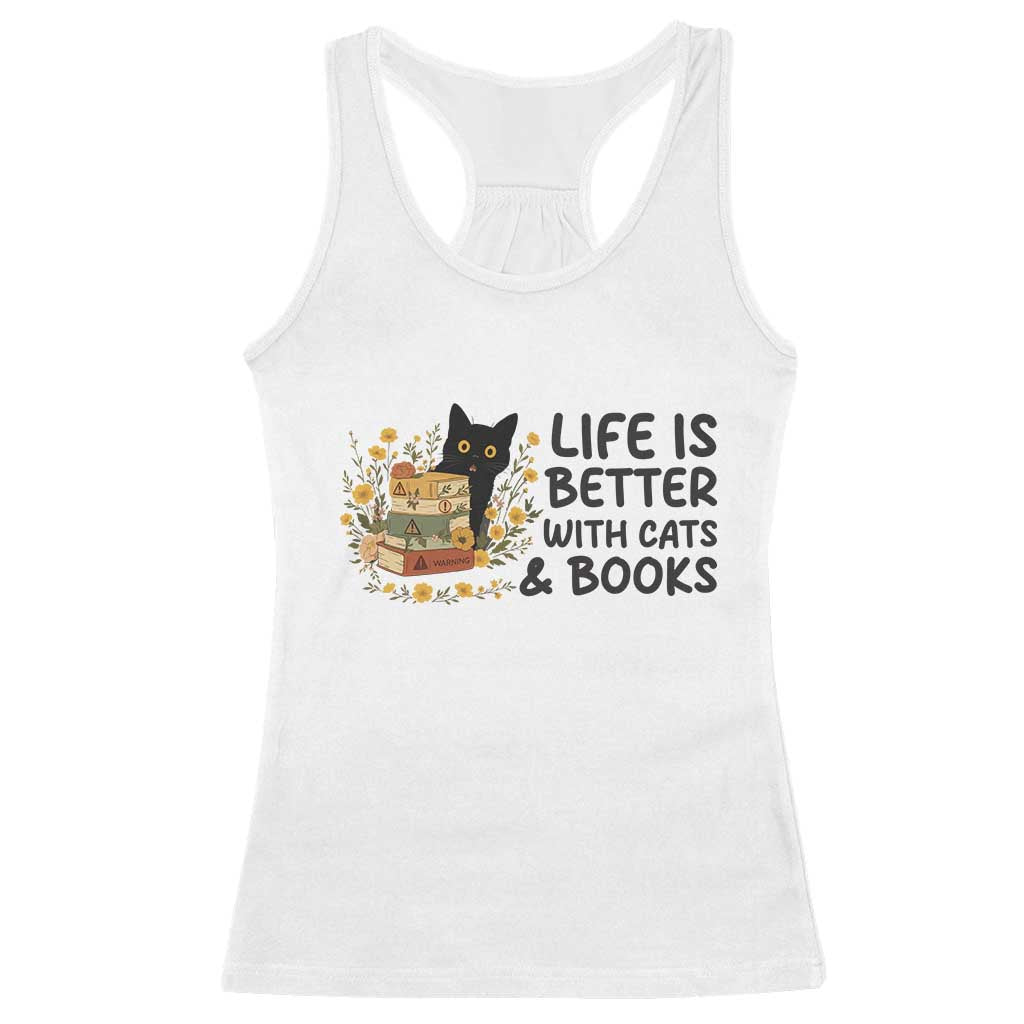 Life Is Better With Cats And Books Racerback Tank Top Funny Black Cat Book Lover TS12 White Print Your Wear