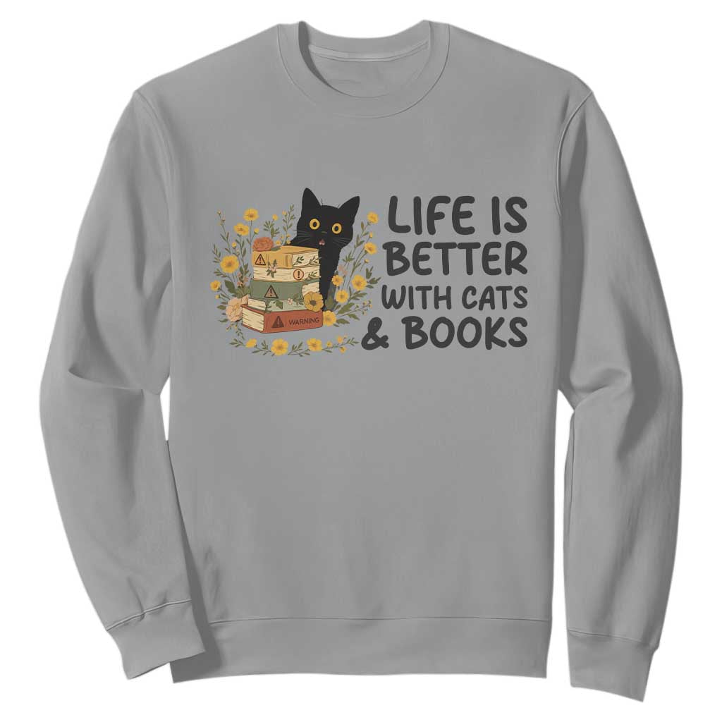 Life Is Better With Cats And Books Sweatshirt Funny Black Cat Book Lover TS12 Sport Gray Print Your Wear