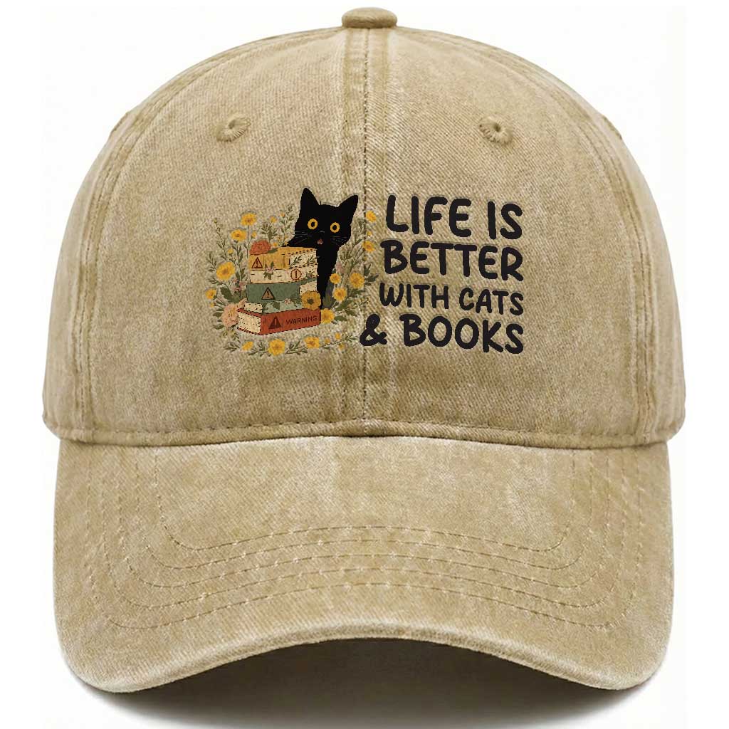 Life Is Better With Cats And Books Washed Cotton Baseball Cap Funny Black Cat Book Lover TS12 Print Your Wear