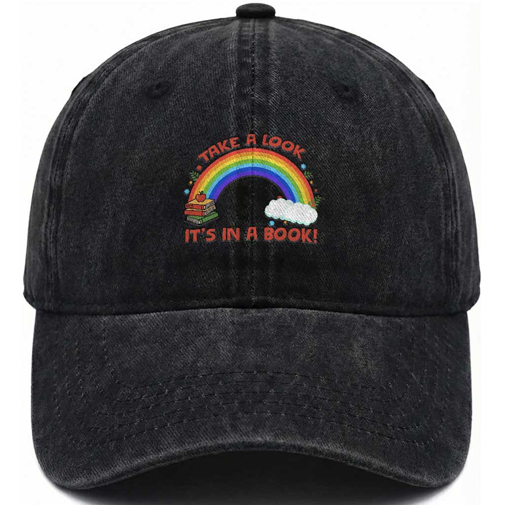 Take A Look It Is In A Book Washed Cotton Baseball Cap Cute Rainbow Book Educational Quote TS12 Print Your Wear