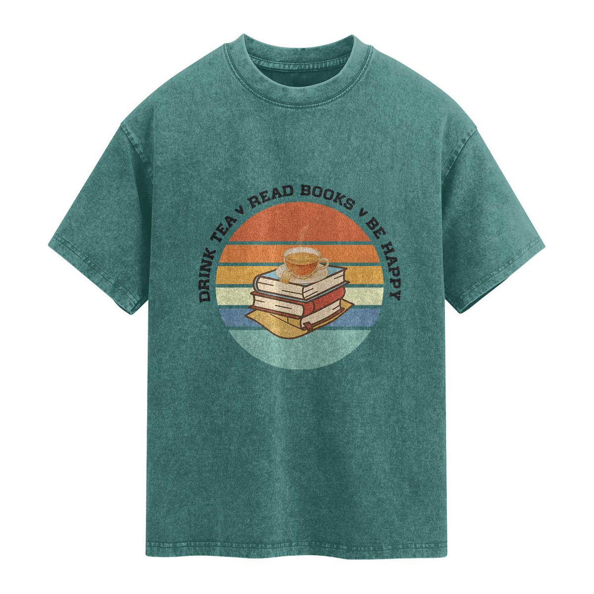 Drink Tea Read Books Be Happy Washed Cotton T-Shirt Book Worm Tea Cup