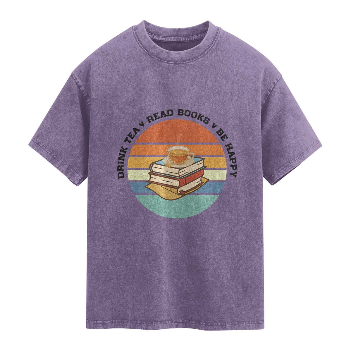 Drink Tea Read Books Be Happy Washed Cotton T-Shirt Book Worm Tea Cup