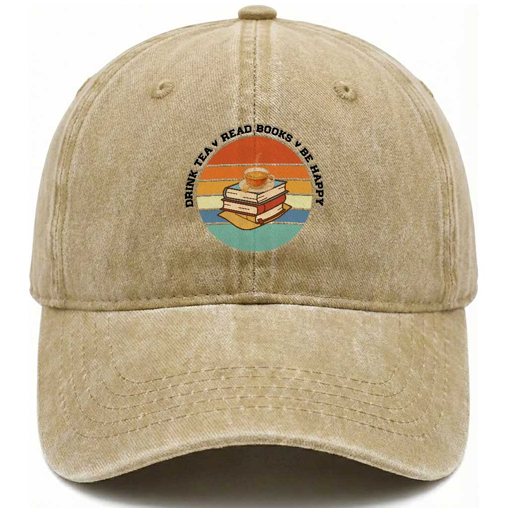 Drink Tea Read Books Be Happy Washed Cotton Baseball Cap Book Worm Tea Cup TS12 Print Your Wear