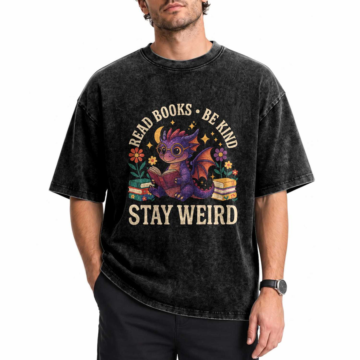 Dragon Read Book Washed Cotton T-Shirt Funny Read Books Be Kind Stay Weird