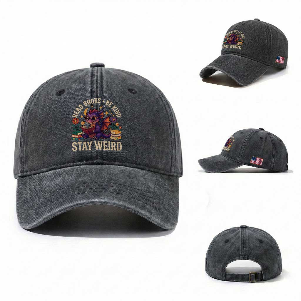 Dragon Read Book Washed Cotton Baseball Cap Funny Read Books Be Kind Stay Weird TS12 Washed Cap Universal Fit Dark Gray Print Your Wear