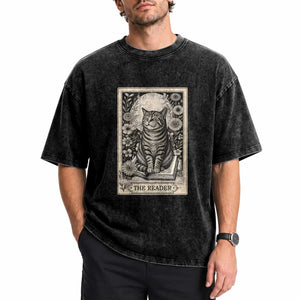 Funny Bookish Kitty Lover Washed Cotton T-Shirt The Reader Tarot Card Book Lover Gift