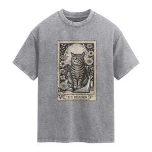 Funny Bookish Kitty Lover Washed Cotton T-Shirt The Reader Tarot Card Book Lover Gift