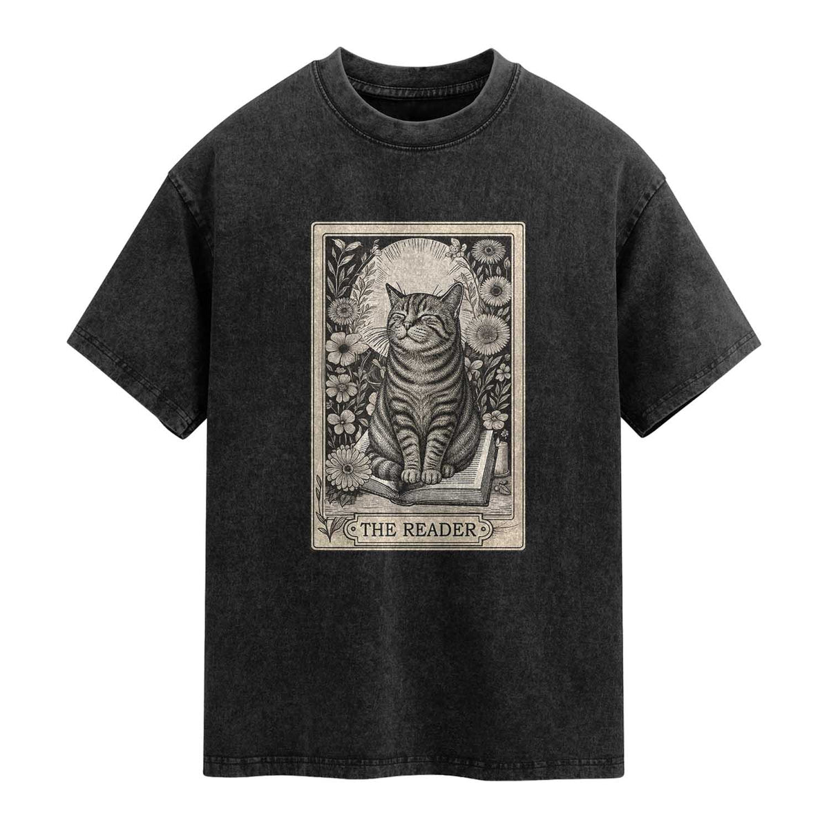Funny Bookish Kitty Lover Washed Cotton T-Shirt The Reader Tarot Card Book Lover Gift
