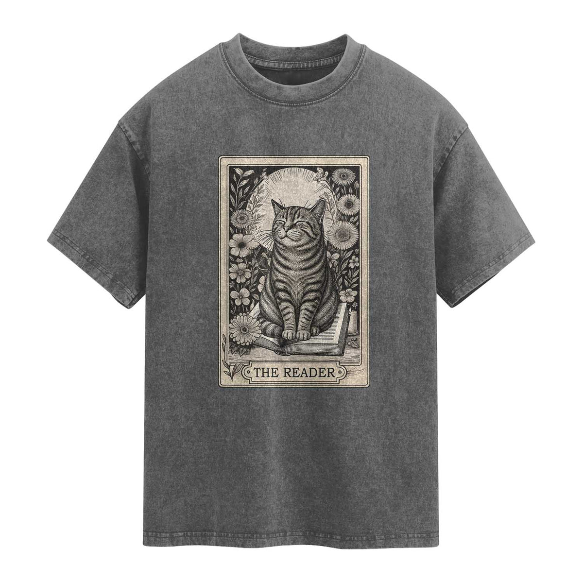 Funny Bookish Kitty Lover Washed Cotton T-Shirt The Reader Tarot Card Book Lover Gift