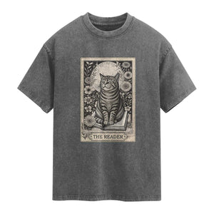Funny Bookish Kitty Lover Washed Cotton T-Shirt The Reader Tarot Card Book Lover Gift
