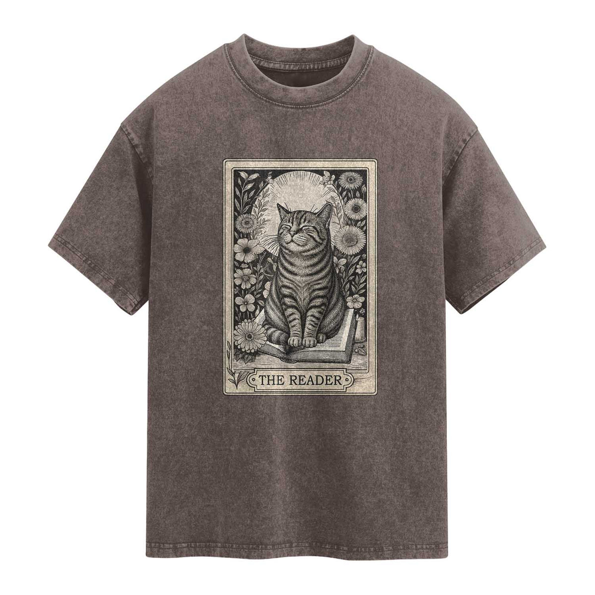 Funny Bookish Kitty Lover Washed Cotton T-Shirt The Reader Tarot Card Book Lover Gift
