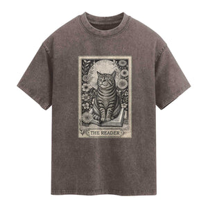 Funny Bookish Kitty Lover Washed Cotton T-Shirt The Reader Tarot Card Book Lover Gift