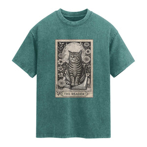 Funny Bookish Kitty Lover Washed Cotton T-Shirt The Reader Tarot Card Book Lover Gift