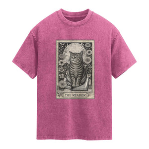 Funny Bookish Kitty Lover Washed Cotton T-Shirt The Reader Tarot Card Book Lover Gift