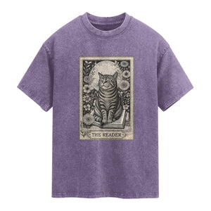 Funny Bookish Kitty Lover Washed Cotton T-Shirt The Reader Tarot Card Book Lover Gift