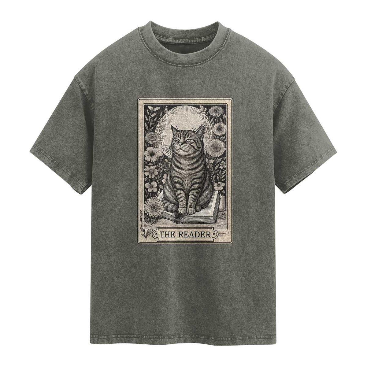 Funny Bookish Kitty Lover Washed Cotton T-Shirt The Reader Tarot Card Book Lover Gift