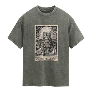 Funny Bookish Kitty Lover Washed Cotton T-Shirt The Reader Tarot Card Book Lover Gift