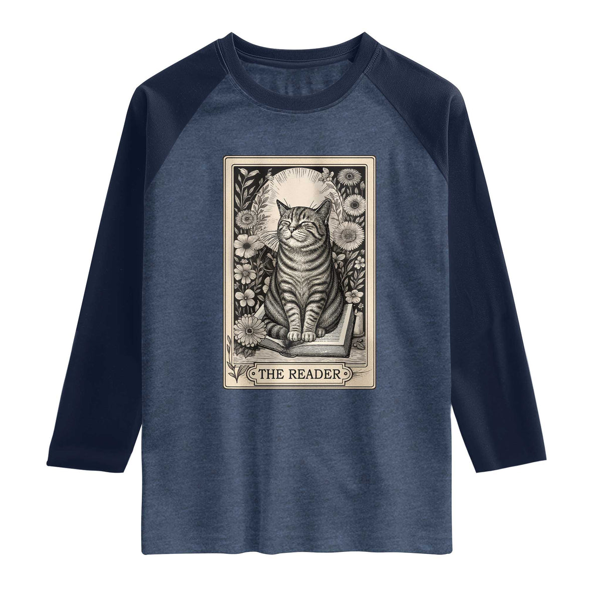 Funny Bookish Kitty Lover Raglan Shirt The Reader Tarot Card Book Lover Gift TS12 Heather Denim Navy Print Your Wear