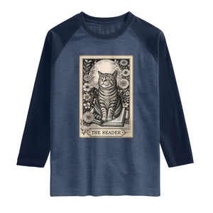 Funny Bookish Kitty Lover Raglan Shirt The Reader Tarot Card Book Lover Gift TS12 Heather Denim Navy Print Your Wear