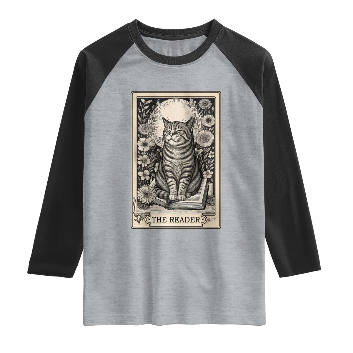Funny Bookish Kitty Lover Raglan Shirt The Reader Tarot Card Book Lover Gift TS12 Heather Gray Black Print Your Wear