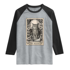 Funny Bookish Kitty Lover Raglan Shirt The Reader Tarot Card Book Lover Gift TS12 Heather Gray Black Print Your Wear