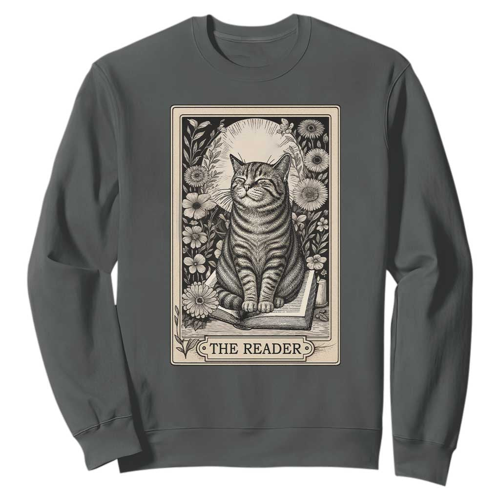 Funny Bookish Kitty Lover Sweatshirt The Reader Tarot Card Book Lover Gift TS12 Dark Heather Print Your Wear