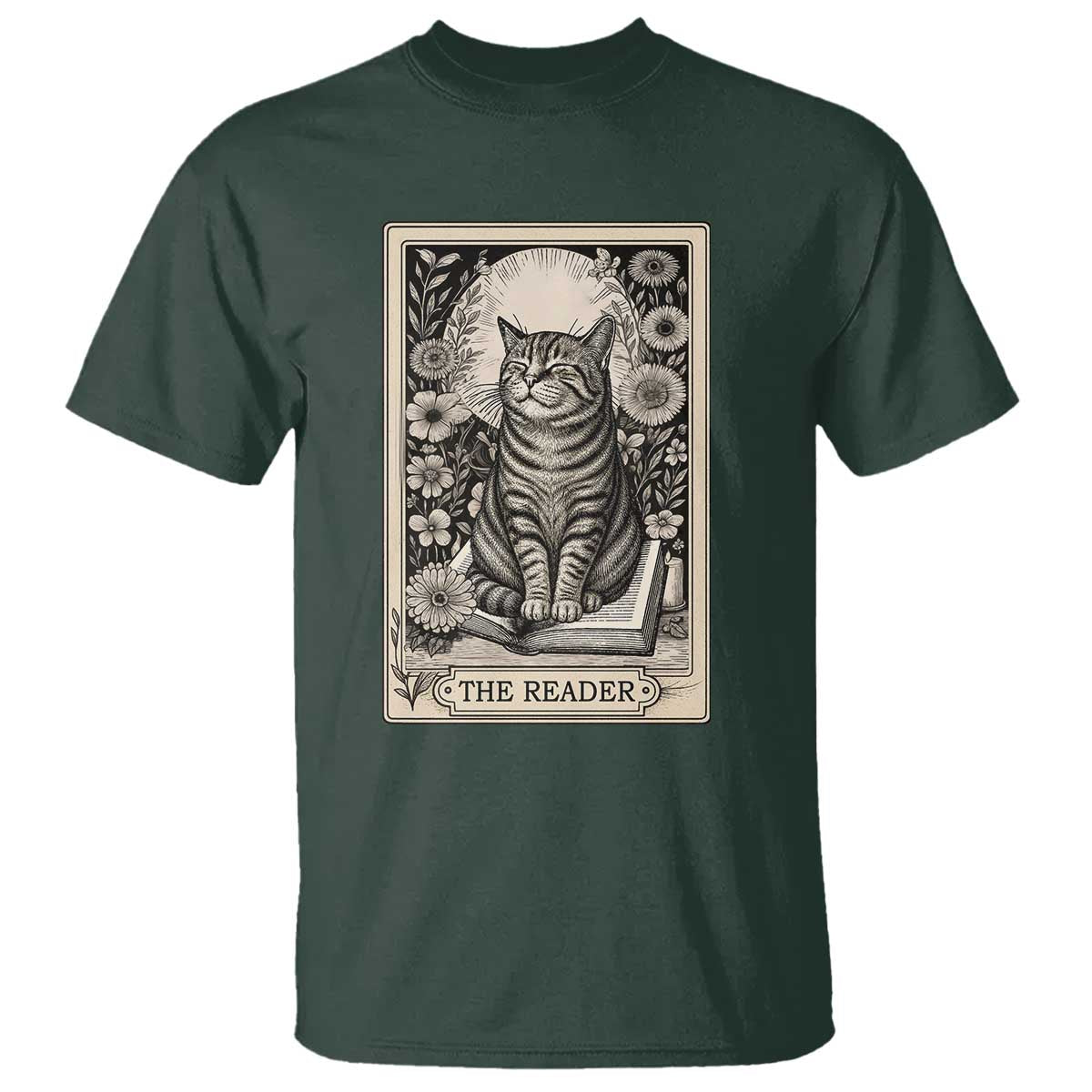 Funny Bookish Kitty Lover T Shirt The Reader Tarot Card Book Lover Gift TS12 Dark Forest Green Print Your Wear