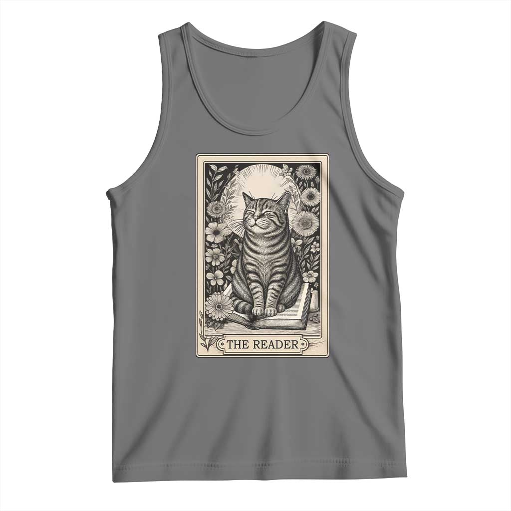 Funny Bookish Kitty Lover Tank Top The Reader Tarot Card Book Lover Gift TS12 Black Heather Print Your Wear