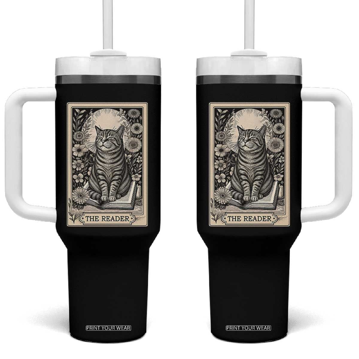 Funny Bookish Kitty Lover Tumbler With Handle The Reader Tarot Card Book Lover Gift TS12 One Size: 40 oz Black Print Your Wear