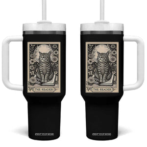 Funny Bookish Kitty Lover Tumbler With Handle The Reader Tarot Card Book Lover Gift TS12 One Size: 40 oz Black Print Your Wear