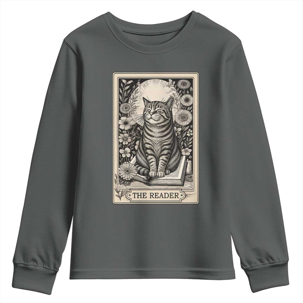Funny Bookish Kitty Lover Youth Sweatshirt The Reader Tarot Card Book Lover Gift TS12 Dark Heather Print Your Wear