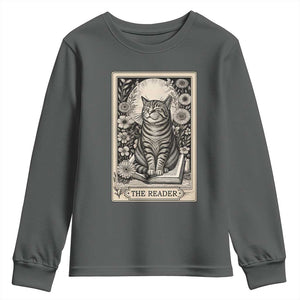 Funny Bookish Kitty Lover Youth Sweatshirt The Reader Tarot Card Book Lover Gift TS12 Dark Heather Print Your Wear